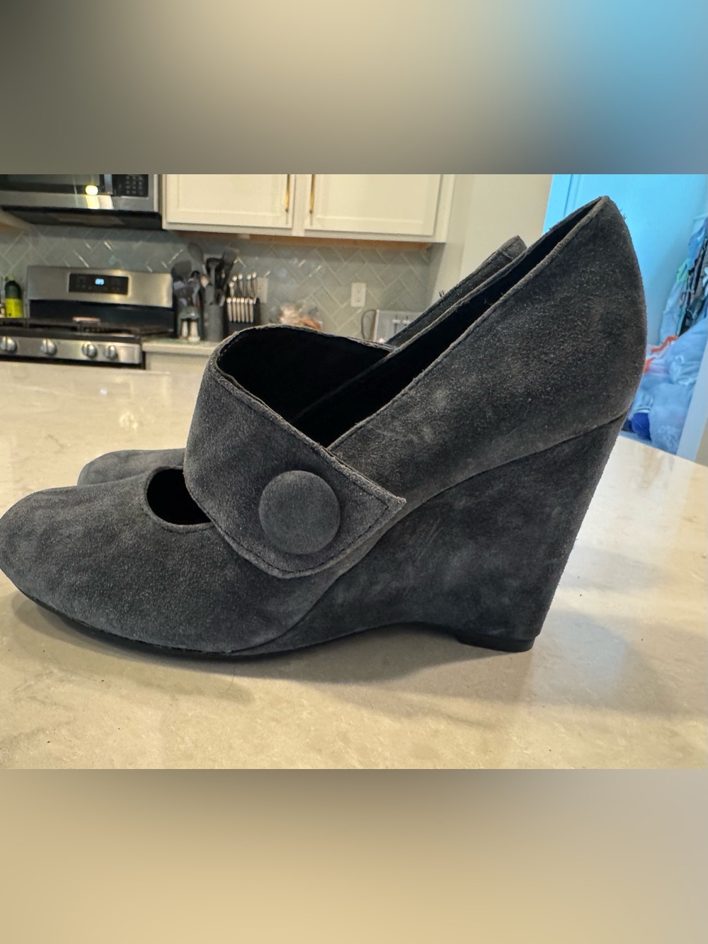 Born Sttel Blue Women’s Lusi Suede Wedge Mary Jane Shoe